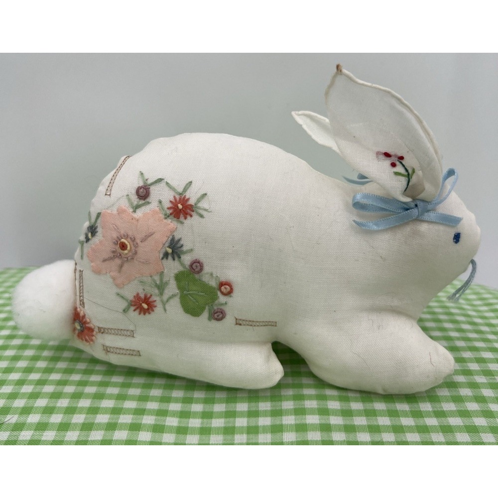 Vintage Handmade Plush Bunny Embroidered Flowers Stuffed Animal Easter Gift